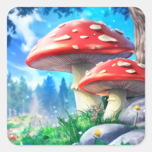 Pegatina Cuadrada Mushroom Forest Fantasy Art