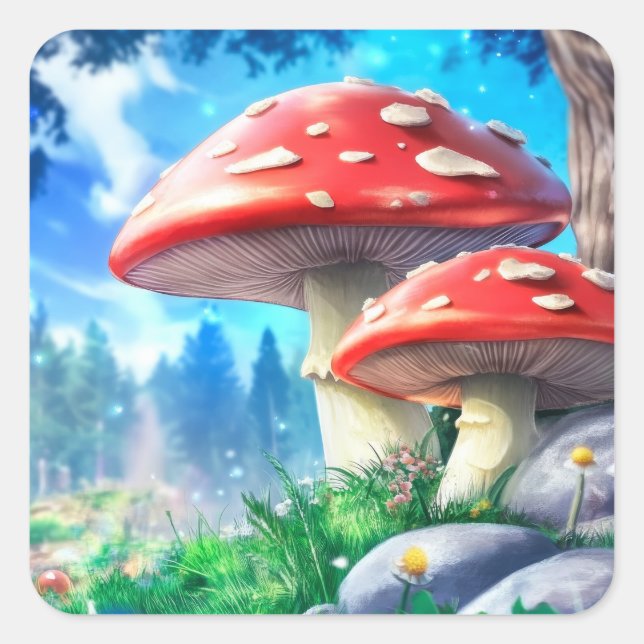 Pegatina Cuadrada Mushroom Forest Fantasy Art (Anverso)