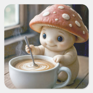 Pegatina Cuadrada Mushroom Munchkin Stirring Morning Coffee