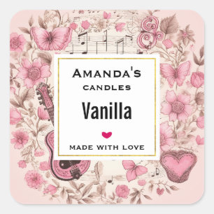 Pegatina Cuadrada Music Notes and Flowers Retro Candle Business