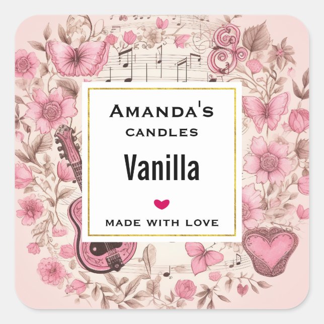 Pegatina Cuadrada Music Notes and Flowers Retro Candle Business (Anverso)