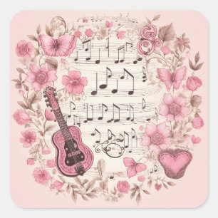 Pegatina Cuadrada Music Notes and Flowers Retro Style