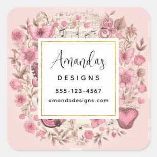 Pegatina Cuadrada Music Notes and Flowers Retro Style Business
