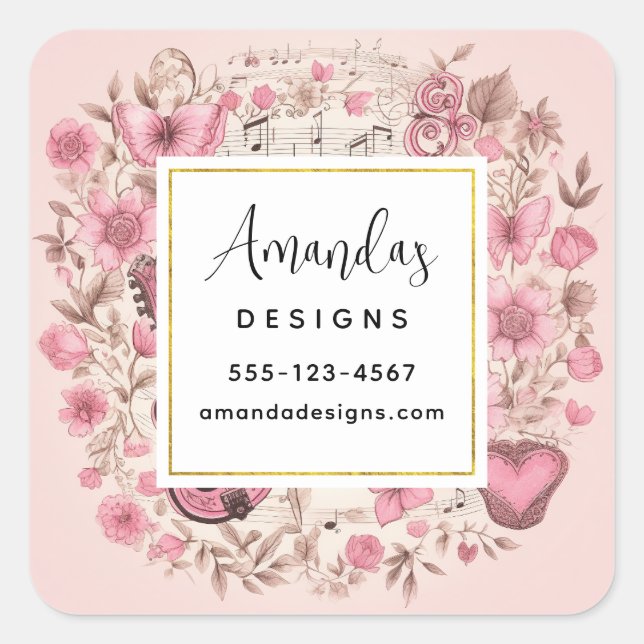 Pegatina Cuadrada Music Notes and Flowers Retro Style Business (Anverso)