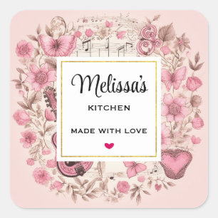 Pegatina Cuadrada Music Notes and Flowers Retro Style Kitchen