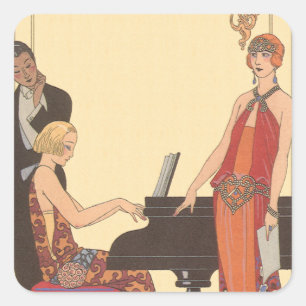 Pegatina Cuadrada Música antigua, Art Deco Pianista Músico Cantante