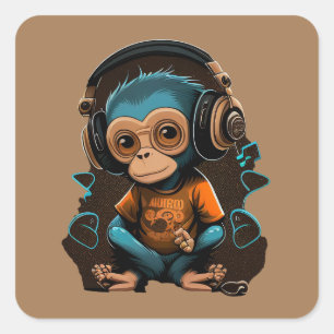 Pegatina Cuadrada Música Cute Monkey Escuchando, Música Mono Inmerso
