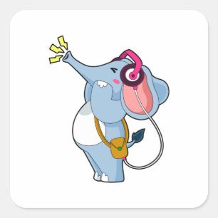 Pegatina Cuadrada Música de auriculares de elefante
