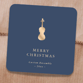 Pegatina Cuadrada Música de Violín de Oro Elegante Navidad Azul