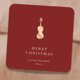 Pegatina Cuadrada Música de Violín de Oro Elegante Navidad Roja