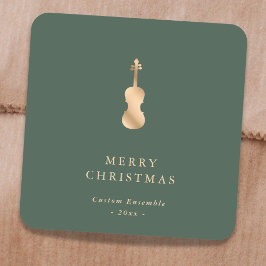 Pegatina Cuadrada Música de Violín de Oro Elegante Navidad Verde