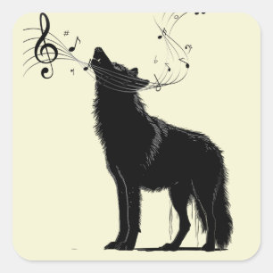 Pegatina Cuadrada Música del Lobo Aullador Notas Divertido Animal 