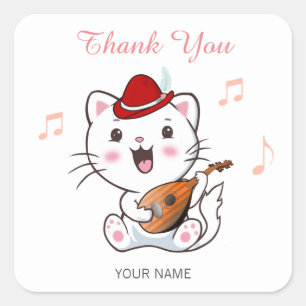 Pegatina Cuadrada Musical Bard Cat con Mandolin Gracias