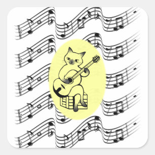 Pegatina Cuadrada Musical Cat Music Notes Guitar Hobby