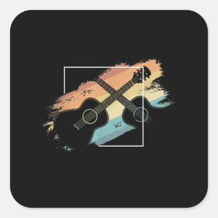 Pegatina Cuadrada Músico de Silhouette de guitarra acústica vintage