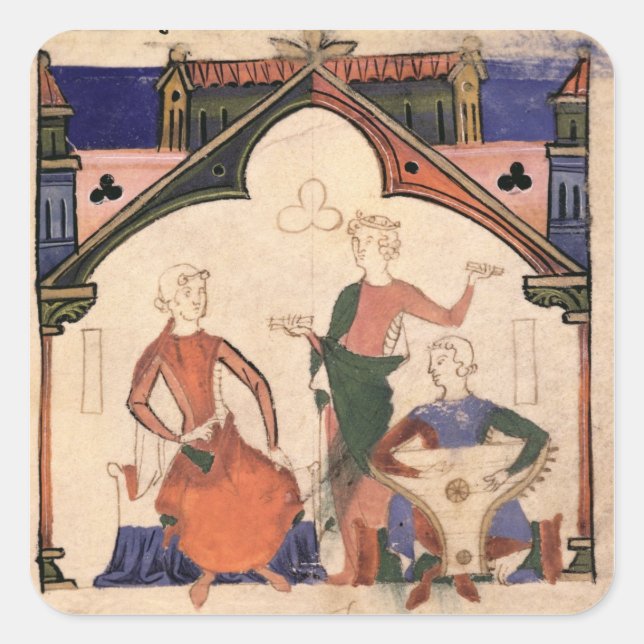 Pegatina Cuadrada Músicos tocando castañuelas y salterias (Anverso)