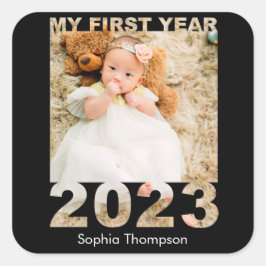 Pegatina Cuadrada My First Year 2023 Modern Cutout Baby Photo Black