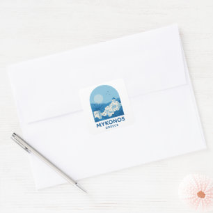 Pegatina Cuadrada Mykonos Grecia Arte de viaje minimalista azul