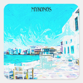 Pegatina Cuadrada Mykonos Grecia Ilustracion de pintura al petróleo