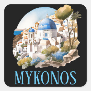 Pegatina Cuadrada Mykonos Grecia Vintage de la isla griega