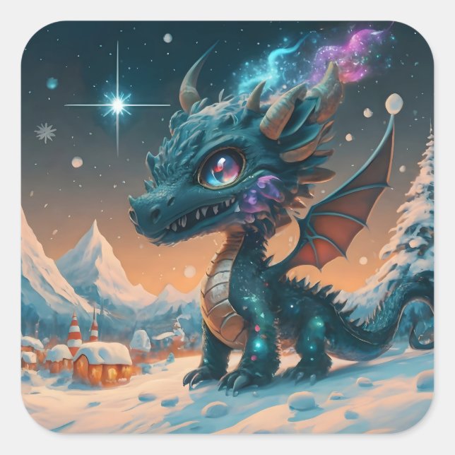 Pegatina Cuadrada Mystical Chibi Dragon Winscape (Anverso)