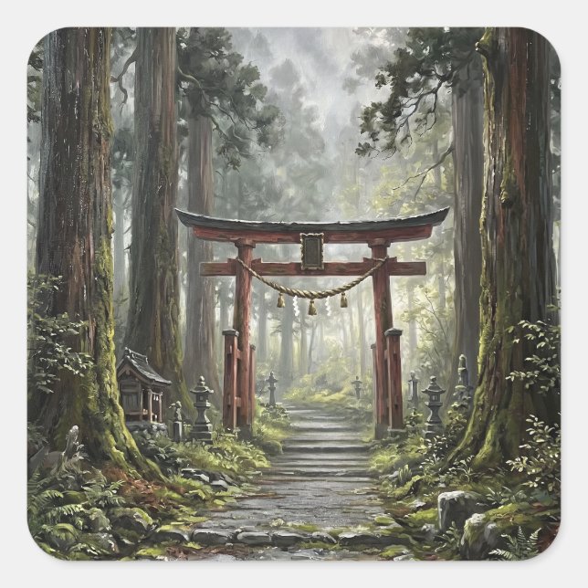 Pegatina Cuadrada Mystical forest and torii gate that symbolizes it (Anverso)