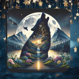 Pegatina Cuadrada Mystical Wolf Howling en Moon Surreal Ai Art