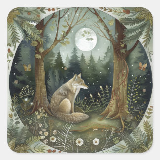 Pegatina Cuadrada Mystical Woodland Wolf