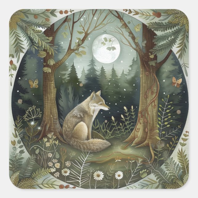 Pegatina Cuadrada Mystical Woodland Wolf (Anverso)