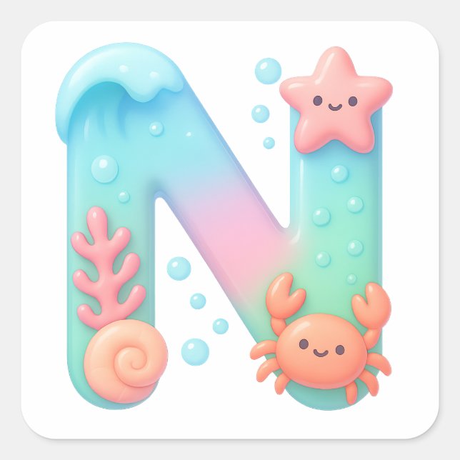 Pegatina Cuadrada "N" Cute Letter - Underwater Sea Creature (Anverso)