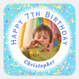 Pegatina Cuadrada Nacimiento acuático de foto de cumpleaños de un ni