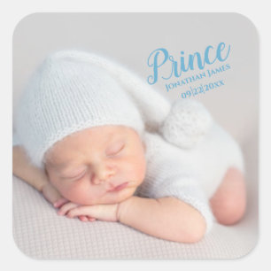 Pegatina Cuadrada Nacimiento de foto con guión azul de bebé Keepsake
