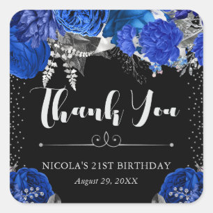 Pegatina Cuadrada Nacimiento de las flores azul y plateado acuarela