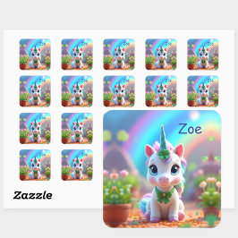 Pegatina Cuadrada Nacimiento de unicornio y arcoiris, cumpleaños de