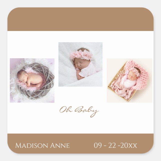 Pegatina Cuadrada Nacimiento del bebé Chica (Anverso)