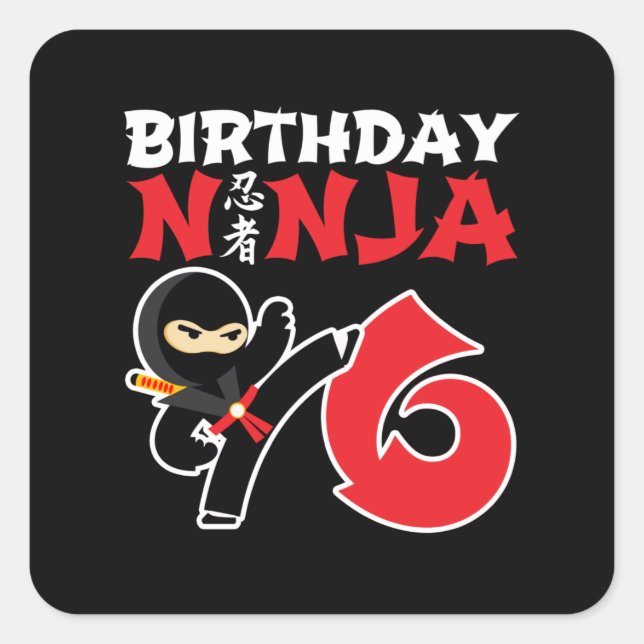 Pegatina Cuadrada Nacimiento Ninja - Tema de Fiesta de 6 años (Anverso)
