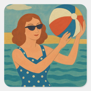 Pegatina Cuadrada Nadador vintage con pelota de playa