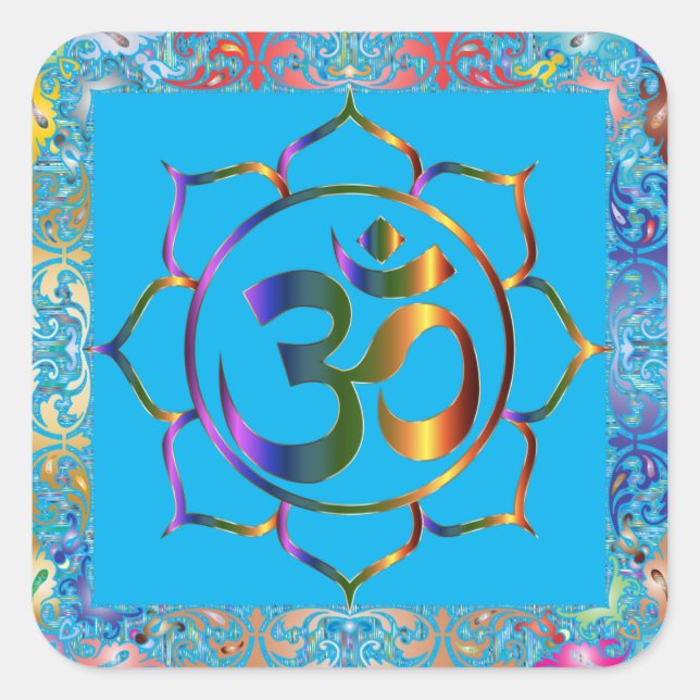Pegatina Cuadrada Namaste Om Lotus Rainbow Vintage personalizado (Anverso)