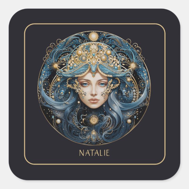 Pegatina Cuadrada Name Cosmic Virgin Zodiac Symbol Black Gold Virgo (Anverso)