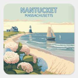 Pegatina Cuadrada Nantucket Beach Hydrangeas Lighthouse Bote Retro