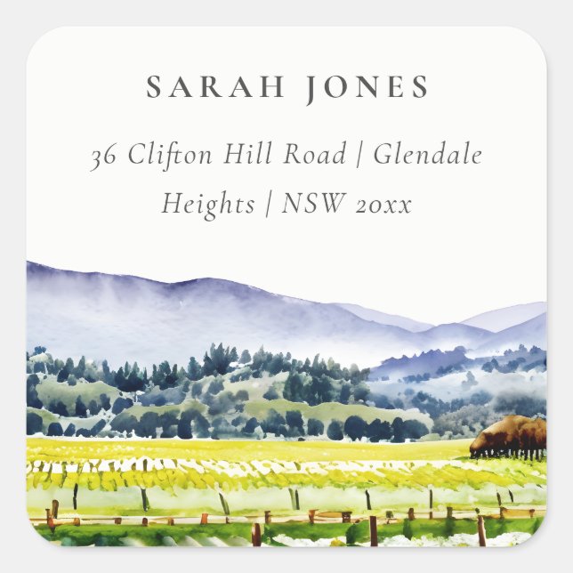 Pegatina Cuadrada Napa Valley Watercolor Vineyard Landscape Direcció (Anverso)