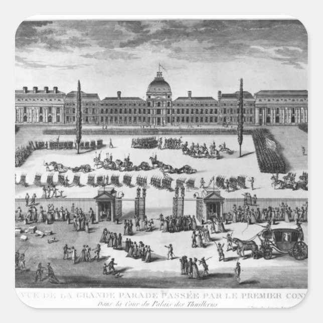 Pegatina Cuadrada Napoleón Bonaparte Primer Cónsul, Revisando Tropas (Anverso)