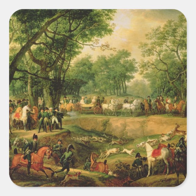 Pegatina Cuadrada Napoleón en una cacería en el Bosque de las Compig (Anverso)