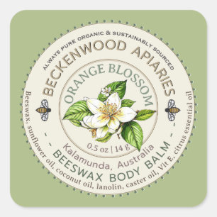 Pegatina Cuadrada Naranja amargo Neroli o Naranja Cuerpo Balmo Abeja