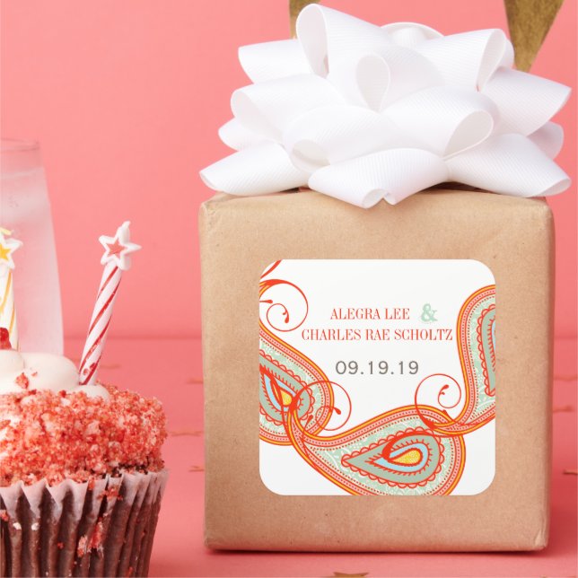 Pegatina Cuadrada Naranja amarillo Aqua Mint Persimmon Paisley Boda (Fiesta)