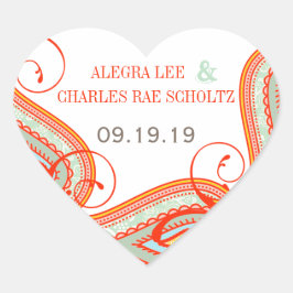 Pegatina Cuadrada Naranja amarillo Aqua Mint Persimmon Paisley Boda