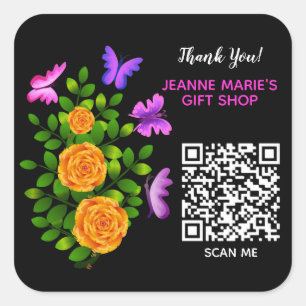 Pegatina Cuadrada Naranja amarillo Rosa Flor Gracias Código QR