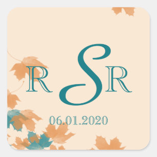 Pegatina Cuadrada Naranja Aqua Autumn Maple Leaf Boda Monograma