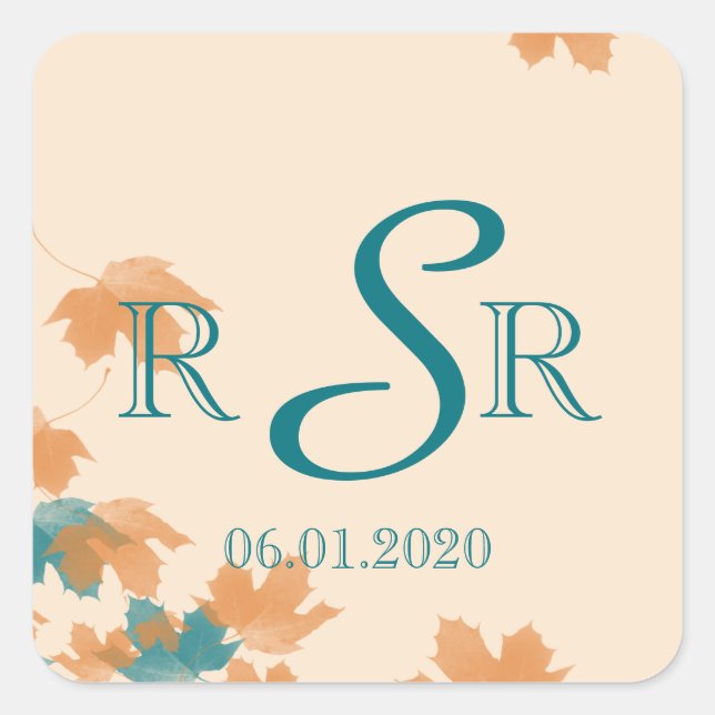 Pegatina Cuadrada Naranja Aqua Autumn Maple Leaf Boda Monograma (Anverso)