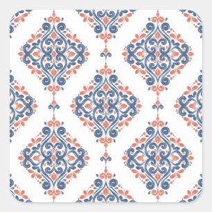 Pegatina Cuadrada Naranja Azul Ornamental: Empalme Vintage